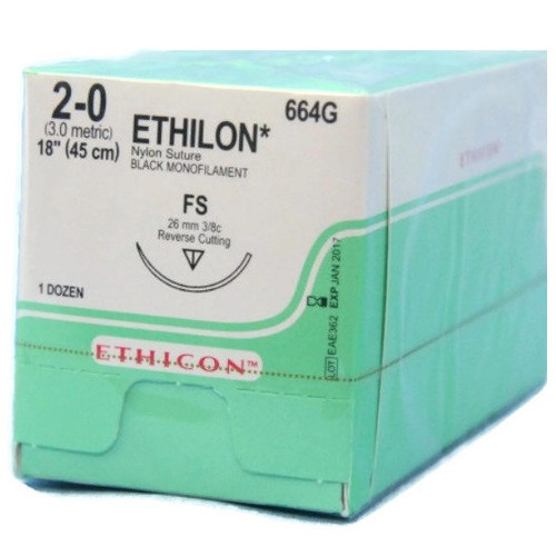 2-0 x 18" Ethilon® Nylon Black Sutures with FS Needle -  12/Box