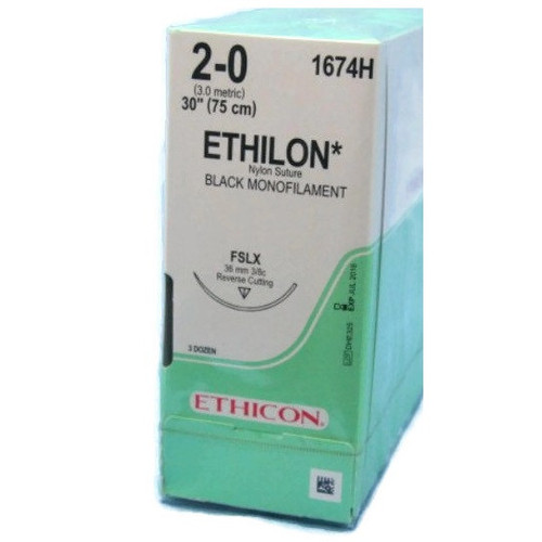 Ethicon 2-0 x 30" Ethilon® Nylon Black Sutures with FSLX Needle -  36/Box
