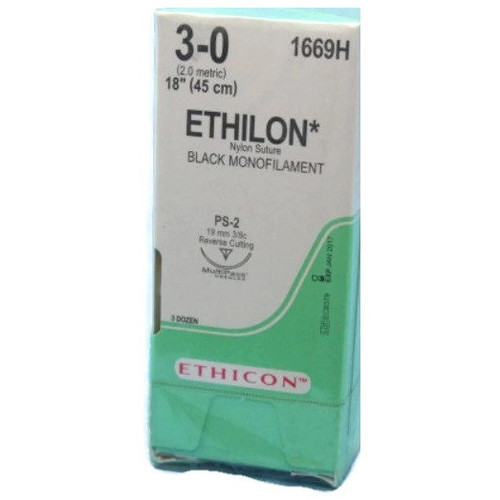 Ethicon 3-0 x 18" Ethilon® Nylon Black Sutures with PS-2 Needle -  36/Box