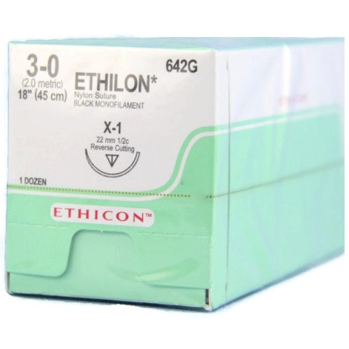 Ethicon 3-0 x 18" Ethilon® Nylon Black Sutures with X-1 Needle -  12/Box