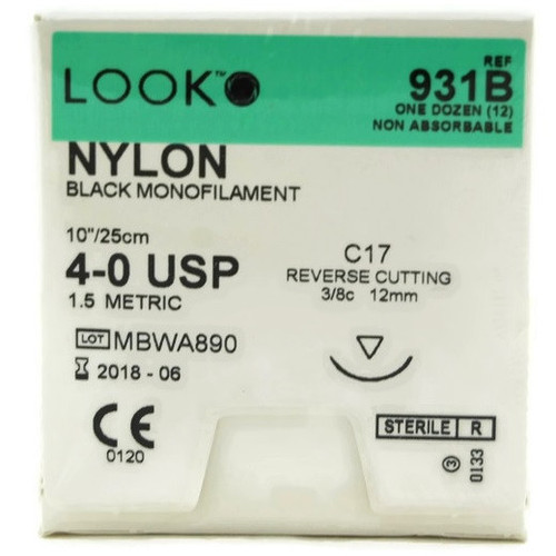 4-0 x 10" Look™ Nylon Black Sutures with C-17 Needle - 12/Box