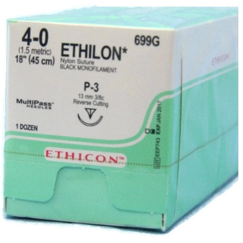 Ethicon 4-0 x 18" Ethilon® Nylon Black Sutures with P-3 Needle -  12/Box
