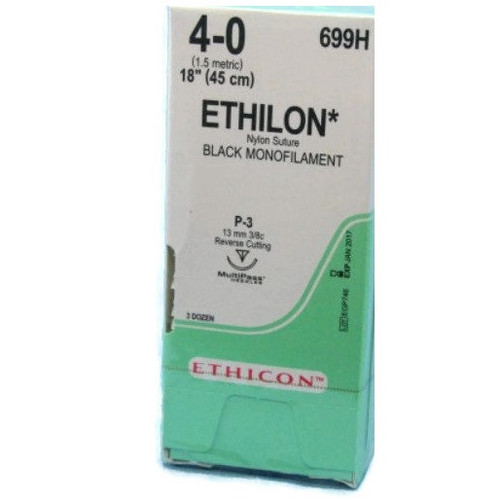 Ethicon 4-0 x 18" Ethilon® Nylon Black Sutures with P-3 Needle -  36/Box