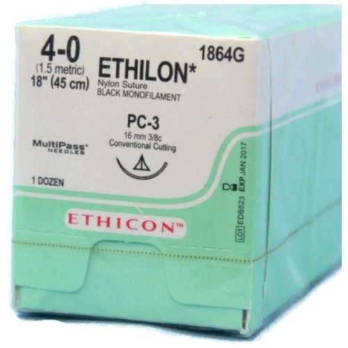 Ethicon 4-0 x 18" Ethilon® Nylon Black Sutures with PC-3 Needle -  12/Box