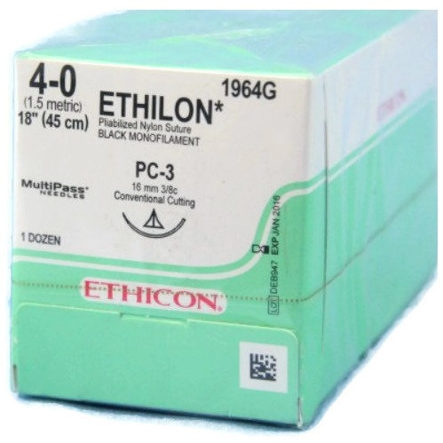 Ethicon 4-0 x 18" Ethilon® Pliabilized Nylon Black Sutures with PC-3 Needle -  12/Box