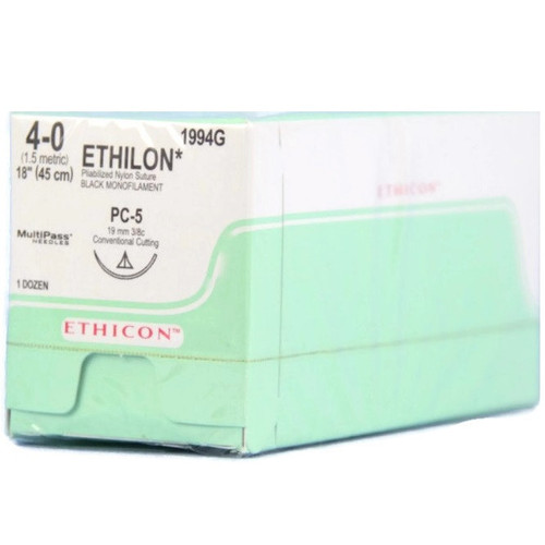 Ethicon 4-0 x 18" Ethilon® Nylon Black Sutures with PC-5 Needle -  12/Box