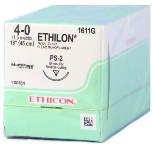 4-0 x 18" Ethilon® Nylon Clear Sutures with PS-2 Needle -  12/Box