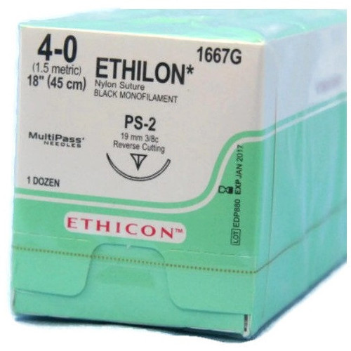 4-0 x 18" Ethilon® Black Monofilament Nylon Suture with PS-2 Needle -  12/Box          
