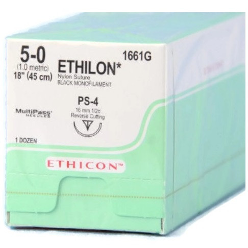 Ethicon 5-0 x 18" Ethilon® Nylon Black Sutures with PS-4 Needle -  12/Box