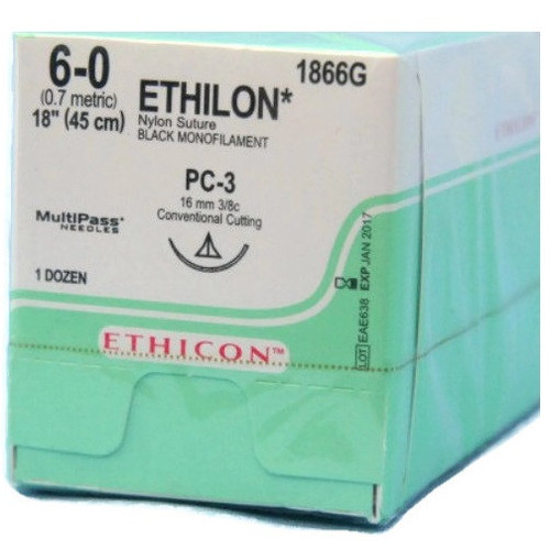 Ethicon 6-0 x 18" Ethilon® Nylon Black Sutures with PC-3 Needle -  12/Box