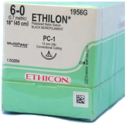 Ethicon 6-0 x 18" Ethilon® Pliabilized Nylon Black Sutures with PC-1 Needle -  12/Box