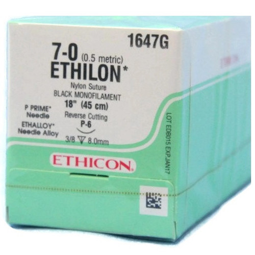 Ethicon 7-0 x 18" Ethilon® Nylon Black Sutures with P-6 Needle -  12/Box