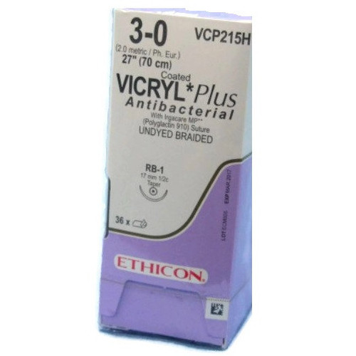 3-0 x 27" Vicryl® PGA Plus Undyed Antibacterial Sutures with RB-1 Needle - 36/Box
