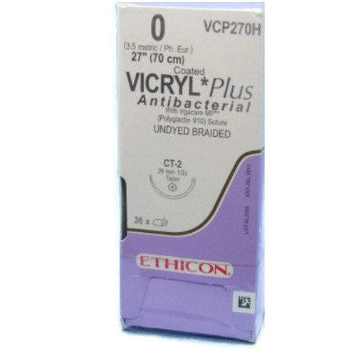 0 x 27" Vicryl® PGA Plus Undyed Antibacterial Sutures with CT-2 Needle - 36/Box