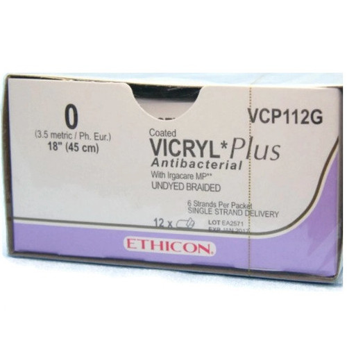 Ethicon 0 x (6) 18" Vicryl® PGA Plus Undyed Antibacterial Sutures in Sutupak - 12/Box