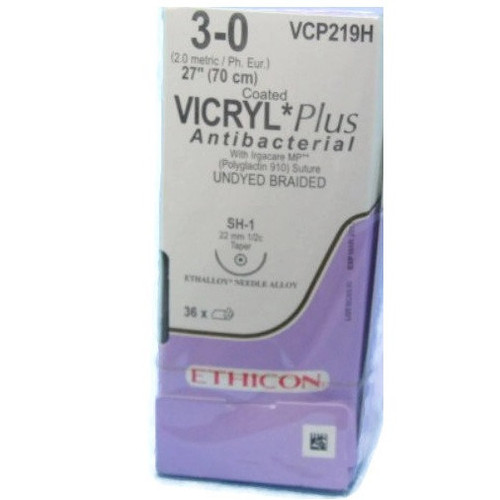 Ethicon 3-0 x 27" Vicryl® PGA Plus Undyed Antibacterial Sutures with SH-1 Needle - 36/Box