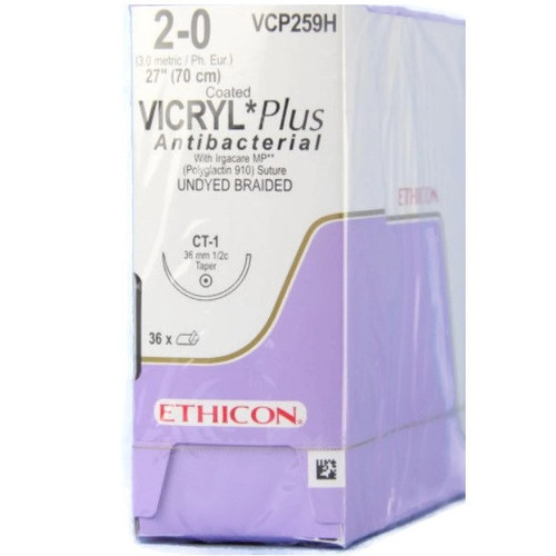 2-0 x 27" Vicryl® PGA Plus Undyed Antibacterial Sutures with CT-1 Needle - 36/Box