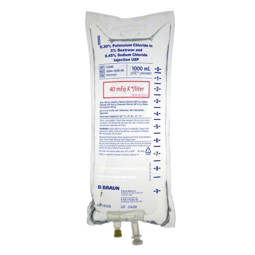 B. Braun 0.30% Potassium Chloride in 5% Dextrose & 0.45% Sodium Chloride Injection in 1,000mL Bag - 12/Case