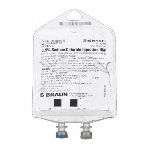 0.9% Sodium Chloride for Injection with 25mL Fill in 100mL PAB® - 116 Bags/Case