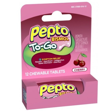Pepto-Bismol To-Go Cherry-Flavored Chewable Tablets in 12 Tablet Pack - 24 Packs/Case