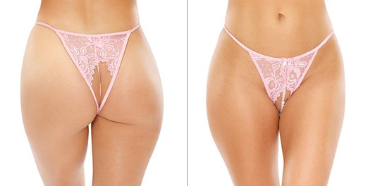 Crotchless Pearl Panty in Pink, front and back view