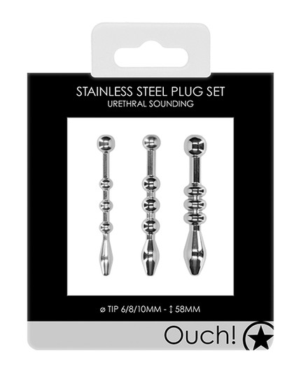 Shots Ouch Urethral Sounding Metal Plug Set - 58mm, box/packaging
