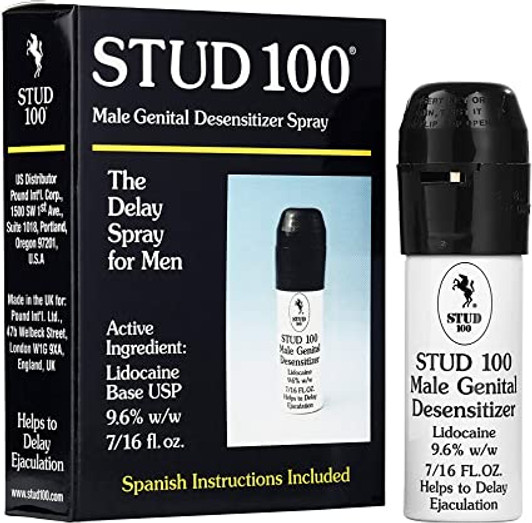Stud 100 Delay Spray bottle and box/packaging