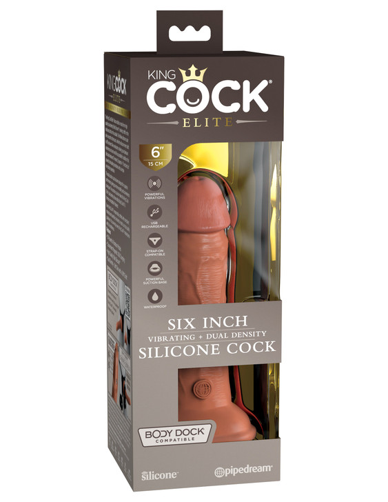 King Cock Elite 6" Vibrating Silicone Dual Density Cock in Tan box/packaging front view