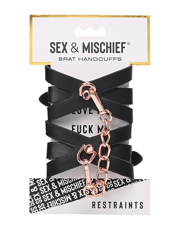 Sex & Mischief Brat Handcuffs, front of box/packaging