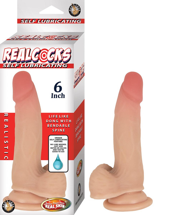 Realcocks Self Lubricating 6" dildo front packaging.