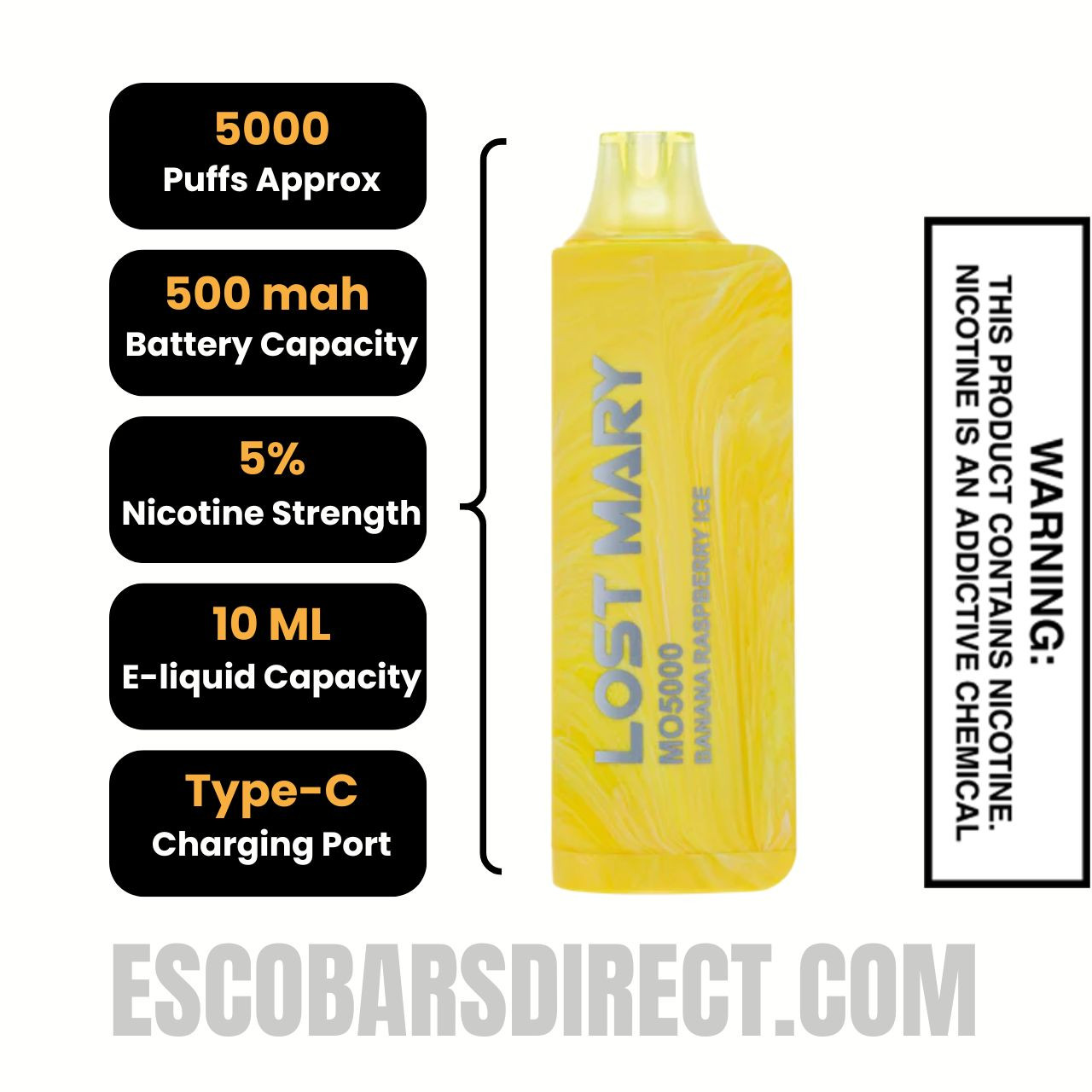 Banana Raspberry Ice Lost Mary MO5000 Disposable Vape Specifications