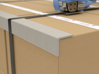 Cardboard corner protector strapped to box