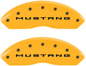 MGP Caliper Covers Set of 4 Caliper Covers, Engraved Front: 2015/Mustang-Engraved Rear: 2015/Bar & Pony, Yellow Powder Coat Finish, Black Characters (10202SMB2YL, 4 Pack Yellow Standard Brake System