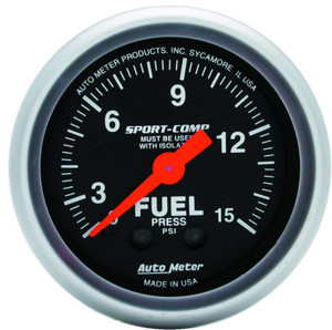 Auto Meter 3313 Sport-Comp 2-1/16" 0-15 PSI Mechanical Fuel Pressure Gauge with Isolator