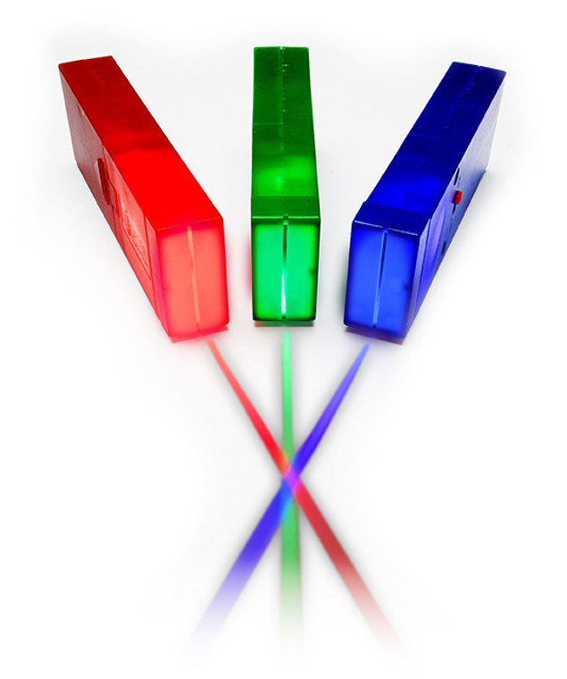 three lights simulating lasers in red, green and blue