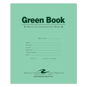 Roaring Spring Green Exam Book Wide Ruled 8.5 inch x 7 inch Student Test Notebook 8 Sheets