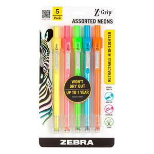 Zebra Highlighter Z-Grip Retractable Marker Assorted Neon Colors 5 Ea