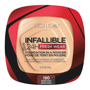 L'Oreal Paris Infallible Fresh Wear Powder Foundation Beige Sand 190 Matte Finish, 0.31 Oz