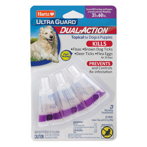 Hartz UltraGuard Dual Action Flea Treatment for Dogs 31-60 lbs, 3 Monthly Treatments, 1 Ea