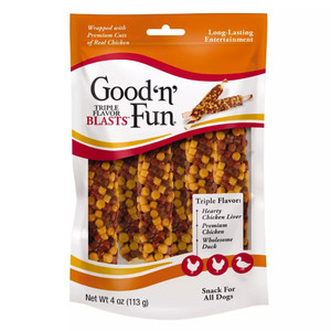 Good 'n' Fun Triple Flavor Blast for Dogs, Chicken Duck and Liver Rawhide, 4 Oz