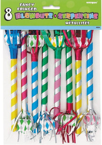 Unique Fancy Fringed Multicolor Metallic Stripes Party Blowouts, 8 ct