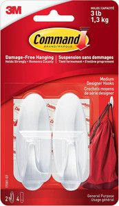 Command Medium Designer Wall Hooks White, 2 Hooks + 4 Strips