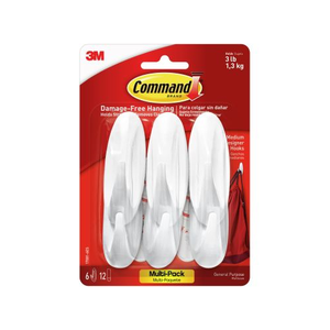 Command Medium Designer Wall Hooks White, 6 Hooks + 12 Strips