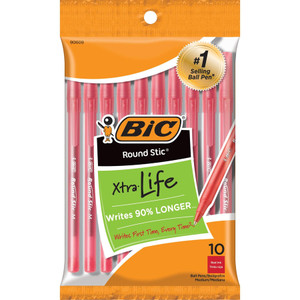 BiC Round Stic Xtra Life Ballpoint Pens Red, 10 count