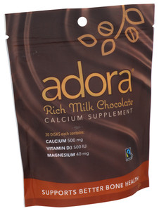 Adora, Calcium Supplement Milk Chocolate Disk, 1 Each, 30 Ct Adora, Calcium Supplement Milk Chocolate Disk, 1 Each, 30 Ct