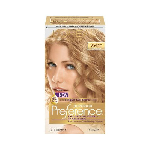 L'Oreal Paris Superior Preference Fade-Defying Shine Permanent Hair Color, 8G Golden Blonde, 1 kit