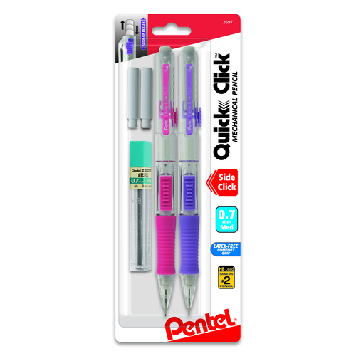 Pentel Quick Click Mechanical Pencil With Lead and Eraser Refills 0.7 mm Assorted Colors, 2 count