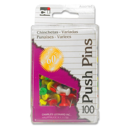 Charles Leonard Inc Push Pins Assorted Colors Box, 100 Ea
