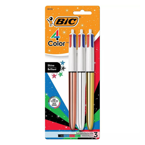 Bic 4 Color Shine Retractable Ballpoint Pen Medium Point Multicolor, 3 Ea