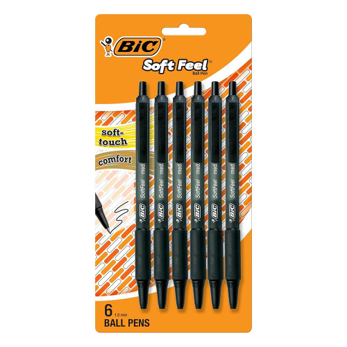 Bic Soft Feel Retractable Ballpoint Pen Black Grip, 6 Ea